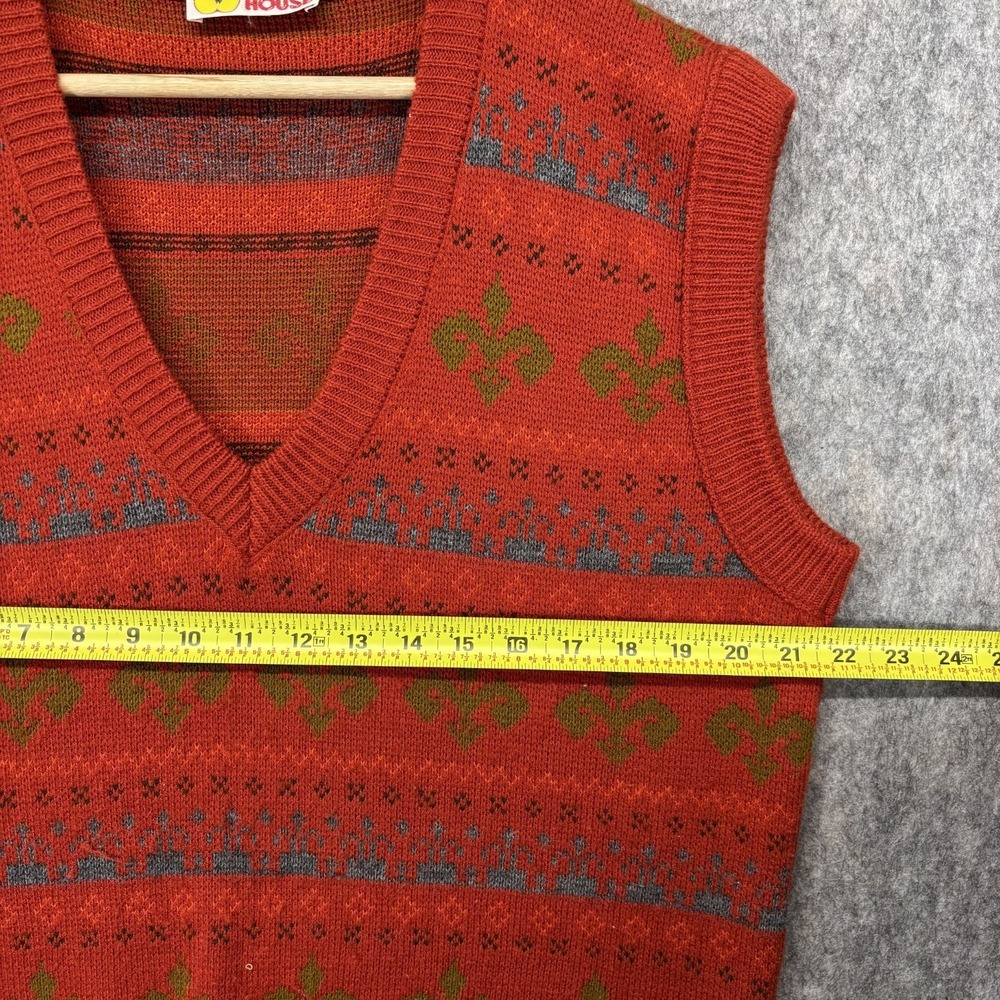 True Vintage Sweater Vest Men's 46 Large Orange Knit 80s V Neck - Picture 6 of 11